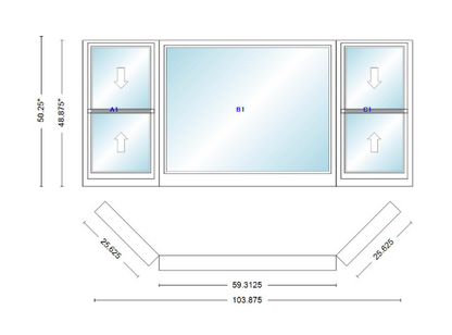 Andersen 400 Series Double Hung Bay Window 103 7/8" Wide Picture With Double Hung Flankers 45 Degree Angle Of Deflection Vinyl Exterior Wood Interior Low-E4 Dual Pane Argon Gas