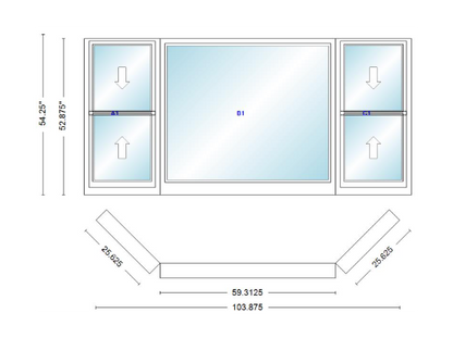 Andersen 400 Series Double Hung Bay Window 103 7/8" Wide Picture With Double Hung Flankers 45 Degree Angle Of Deflection Vinyl Exterior Wood Interior Low-E4 Dual Pane Argon Gas