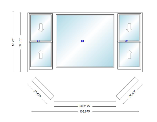 Andersen 400 Series Double Hung Bay Window 103 7/8" Wide Picture With Double Hung Flankers 45 Degree Angle Of Deflection Vinyl Exterior Wood Interior Low-E4 Dual Pane Argon Gas