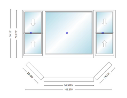 Andersen 400 Series Double Hung Bay Window 103 7/8" Wide Picture With Double Hung Flankers 45 Degree Angle Of Deflection Vinyl Exterior Wood Interior Low-E4 Dual Pane Argon Gas