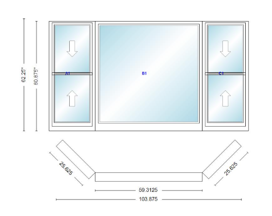 Andersen 400 Series Double Hung Bay Window 103 7/8" Wide Picture With Double Hung Flankers 45 Degree Angle Of Deflection Vinyl Exterior Wood Interior Low-E4 Dual Pane Argon Gas