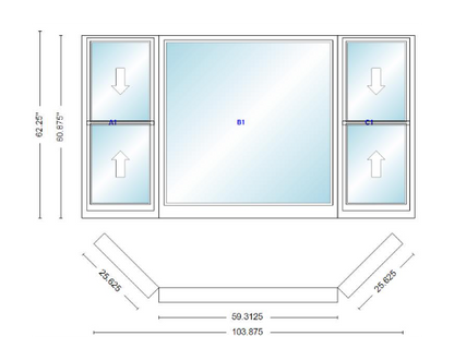 Andersen 400 Series Double Hung Bay Window 103 7/8" Wide Picture With Double Hung Flankers 45 Degree Angle Of Deflection Vinyl Exterior Wood Interior Low-E4 Dual Pane Argon Gas