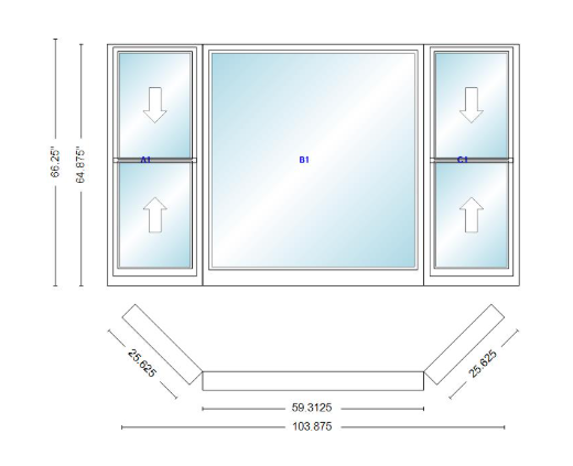 Andersen 400 Series Double Hung Bay Window 103 7/8" Wide Picture With Double Hung Flankers 45 Degree Angle Of Deflection Vinyl Exterior Wood Interior Low-E4 Dual Pane Argon Gas