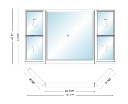 Andersen 400 Series Double Hung Bay Window 103 7/8" Wide Picture With Double Hung Flankers 45 Degree Angle Of Deflection Vinyl Exterior Wood Interior Low-E4 Dual Pane Argon Gas