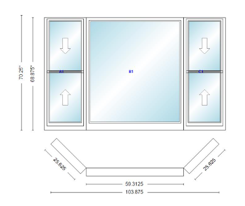 Andersen 400 Series Double Hung Bay Window 103 7/8" Wide Picture With Double Hung Flankers 45 Degree Angle Of Deflection Vinyl Exterior Wood Interior Low-E4 Dual Pane Argon Gas