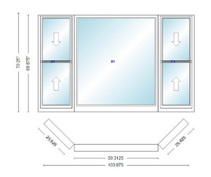 Andersen 400 Series Double Hung Bay Window 103 7/8" Wide Picture With Double Hung Flankers 45 Degree Angle Of Deflection Vinyl Exterior Wood Interior Low-E4 Dual Pane Argon Gas
