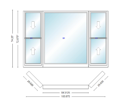 Andersen 400 Series Double Hung Bay Window 103 7/8" Wide Picture With Double Hung Flankers 45 Degree Angle Of Deflection Vinyl Exterior Wood Interior Low-E4 Dual Pane Argon Gas