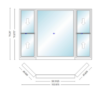 Andersen 400 Series Double Hung Bay Window 103 7/8" Wide Picture With Double Hung Flankers 45 Degree Angle Of Deflection Vinyl Exterior Wood Interior Low-E4 Dual Pane Argon Gas