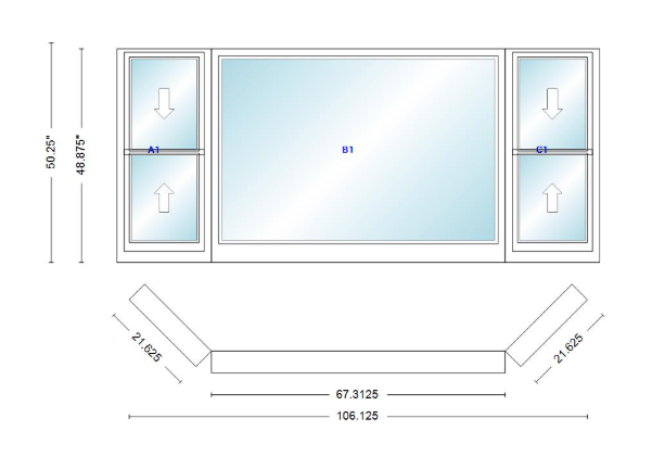 Andersen 400 Series Double Hung Bay Window 106 1/8" Wide Picture With Double Hung Flankers 45 Degree Angle Of Deflection Vinyl Exterior Wood Interior Low-E4 Dual Pane Argon Gas