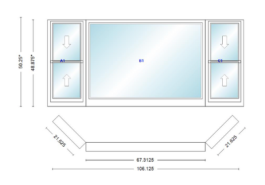 Andersen 400 Series Double Hung Bay Window 106 1/8" Wide Picture With Double Hung Flankers 45 Degree Angle Of Deflection Vinyl Exterior Wood Interior Low-E4 Dual Pane Argon Gas