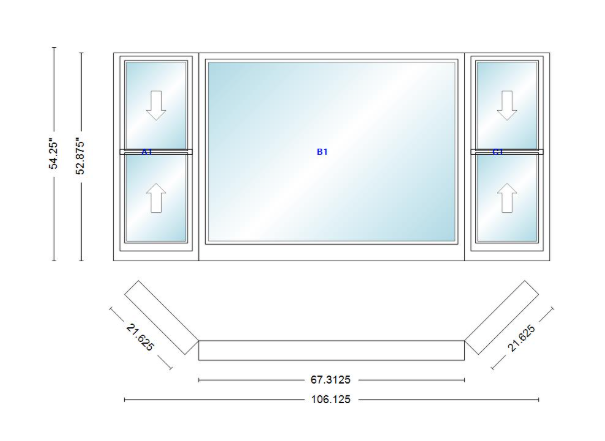 Andersen 400 Series Double Hung Bay Window 106 1/8" Wide Picture With Double Hung Flankers 45 Degree Angle Of Deflection Vinyl Exterior Wood Interior Low-E4 Dual Pane Argon Gas
