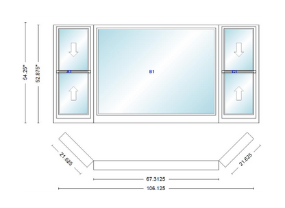 Andersen 400 Series Double Hung Bay Window 106 1/8" Wide Picture With Double Hung Flankers 45 Degree Angle Of Deflection Vinyl Exterior Wood Interior Low-E4 Dual Pane Argon Gas