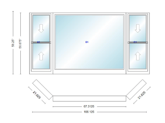 Andersen 400 Series Double Hung Bay Window 106 1/8" Wide Picture With Double Hung Flankers 45 Degree Angle Of Deflection Vinyl Exterior Wood Interior Low-E4 Dual Pane Argon Gas