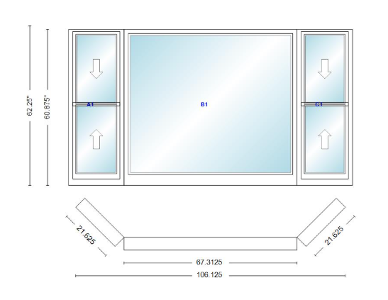 Andersen 400 Series Double Hung Bay Window 106 1/8" Wide Picture With Double Hung Flankers 45 Degree Angle Of Deflection Vinyl Exterior Wood Interior Low-E4 Dual Pane Argon Gas