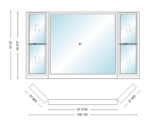 Andersen 400 Series Double Hung Bay Window 106 1/8" Wide Picture With Double Hung Flankers 45 Degree Angle Of Deflection Vinyl Exterior Wood Interior Low-E4 Dual Pane Argon Gas