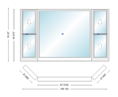 Andersen 400 Series Double Hung Bay Window 106 1/8" Wide Picture With Double Hung Flankers 45 Degree Angle Of Deflection Vinyl Exterior Wood Interior Low-E4 Dual Pane Argon Gas