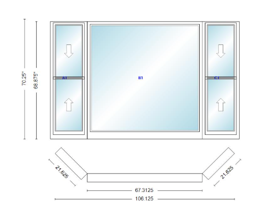 Andersen 400 Series Double Hung Bay Window 106 1/8" Wide Picture With Double Hung Flankers 45 Degree Angle Of Deflection Vinyl Exterior Wood Interior Low-E4 Dual Pane Argon Gas