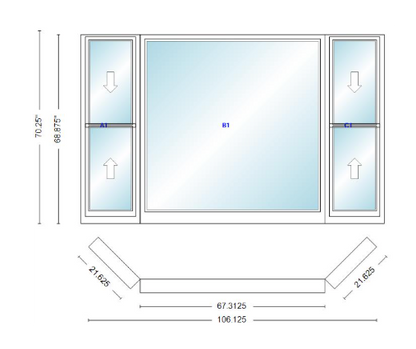 Andersen 400 Series Double Hung Bay Window 106 1/8" Wide Picture With Double Hung Flankers 45 Degree Angle Of Deflection Vinyl Exterior Wood Interior Low-E4 Dual Pane Argon Gas