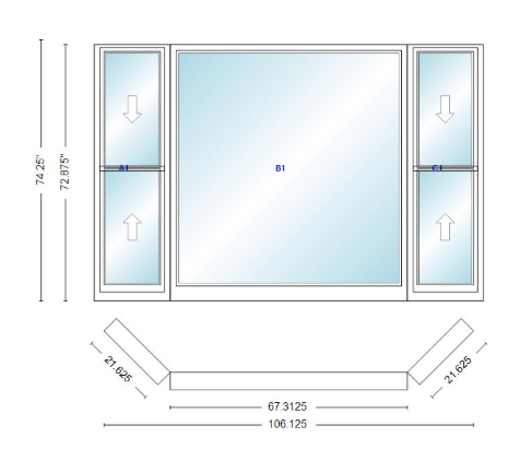 Andersen 400 Series Double Hung Bay Window 106 1/8" Wide Picture With Double Hung Flankers 45 Degree Angle Of Deflection Vinyl Exterior Wood Interior Low-E4 Dual Pane Argon Gas