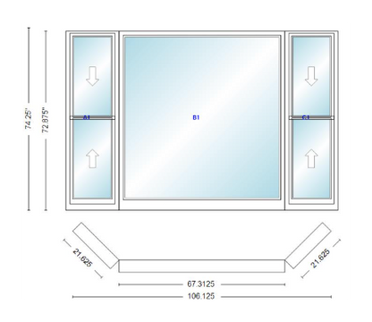 Andersen 400 Series Double Hung Bay Window 106 1/8" Wide Picture With Double Hung Flankers 45 Degree Angle Of Deflection Vinyl Exterior Wood Interior Low-E4 Dual Pane Argon Gas