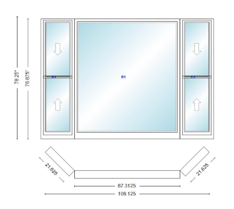 Andersen 400 Series Double Hung Bay Window 106 1/8" Wide Picture With Double Hung Flankers 45 Degree Angle Of Deflection Vinyl Exterior Wood Interior Low-E4 Dual Pane Argon Gas