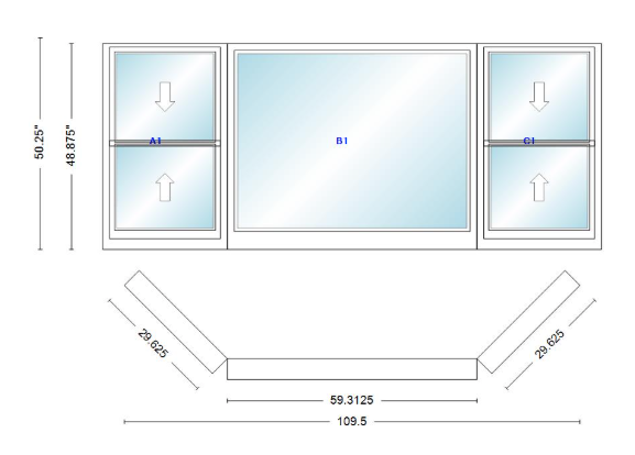 Andersen 400 Series Double Hung Bay Window 109 1/2" Wide Picture With Double Hung Flankers 45 Degree Angle Of Deflection Vinyl Exterior Wood Interior Low-E4 Dual Pane Argon Gas