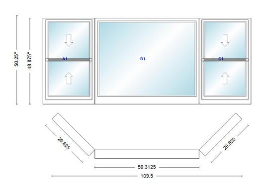 Andersen 400 Series Double Hung Bay Window 109 1/2" Wide Picture With Double Hung Flankers 45 Degree Angle Of Deflection Vinyl Exterior Wood Interior Low-E4 Dual Pane Argon Gas