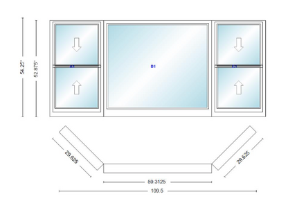 Andersen 400 Series Double Hung Bay Window 109 1/2" Wide Picture With Double Hung Flankers 45 Degree Angle Of Deflection Vinyl Exterior Wood Interior Low-E4 Dual Pane Argon Gas
