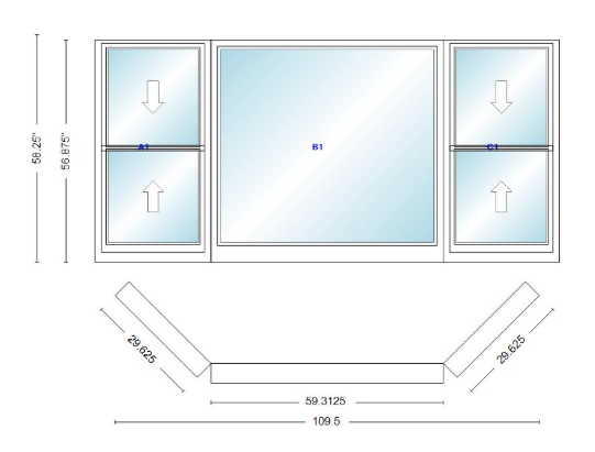 Andersen 400 Series Double Hung Bay Window 109 1/2" Wide Picture With Double Hung Flankers 45 Degree Angle Of Deflection Vinyl Exterior Wood Interior Low-E4 Dual Pane Argon Gas