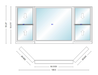 Andersen 400 Series Double Hung Bay Window 109 1/2" Wide Picture With Double Hung Flankers 45 Degree Angle Of Deflection Vinyl Exterior Wood Interior Low-E4 Dual Pane Argon Gas
