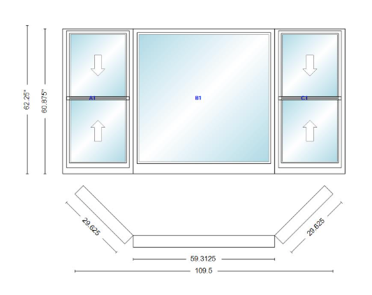 Andersen 400 Series Double Hung Bay Window 109 1/2" Wide Picture With Double Hung Flankers 45 Degree Angle Of Deflection Vinyl Exterior Wood Interior Low-E4 Dual Pane Argon Gas