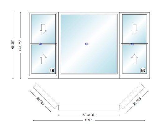 Andersen 400 Series Double Hung Bay Window 109 1/2" Wide Picture With Double Hung Flankers 45 Degree Angle Of Deflection Vinyl Exterior Wood Interior Low-E4 Dual Pane Argon Gas