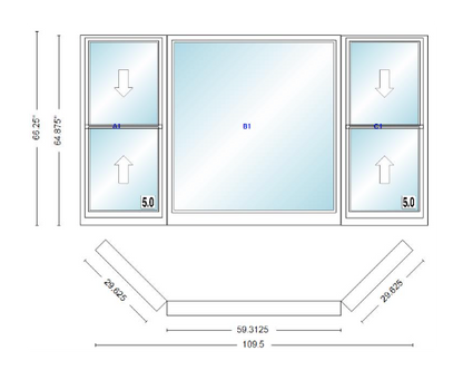 Andersen 400 Series Double Hung Bay Window 109 1/2" Wide Picture With Double Hung Flankers 45 Degree Angle Of Deflection Vinyl Exterior Wood Interior Low-E4 Dual Pane Argon Gas