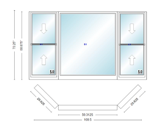 Andersen 400 Series Double Hung Bay Window 109 1/2" Wide Picture With Double Hung Flankers 45 Degree Angle Of Deflection Vinyl Exterior Wood Interior Low-E4 Dual Pane Argon Gas