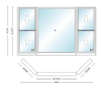 Andersen 400 Series Double Hung Bay Window 109 1/2" Wide Picture With Double Hung Flankers 45 Degree Angle Of Deflection Vinyl Exterior Wood Interior Low-E4 Dual Pane Argon Gas