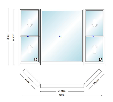 Andersen 400 Series Double Hung Bay Window 109 1/2" Wide Picture With Double Hung Flankers 45 Degree Angle Of Deflection Vinyl Exterior Wood Interior Low-E4 Dual Pane Argon Gas