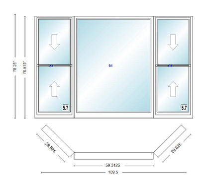 Andersen 400 Series Double Hung Bay Window 109 1/2" Wide Picture With Double Hung Flankers 45 Degree Angle Of Deflection Vinyl Exterior Wood Interior Low-E4 Dual Pane Argon Gas