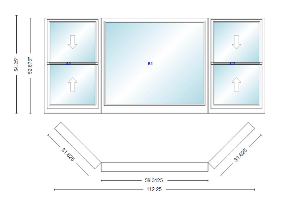 Andersen 400 Series Double Hung Bay Window 112 1/4" Wide Picture With Double Hung Flankers 45 Degree Angle Of Deflection Vinyl Exterior Wood Interior Low-E4 Dual Pane Argon Gas