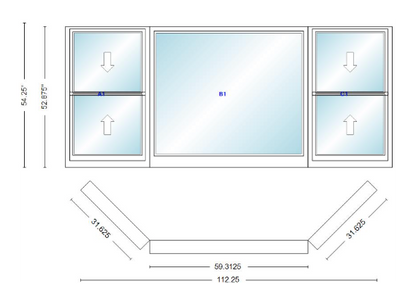 Andersen 400 Series Double Hung Bay Window 112 1/4" Wide Picture With Double Hung Flankers 45 Degree Angle Of Deflection Vinyl Exterior Wood Interior Low-E4 Dual Pane Argon Gas