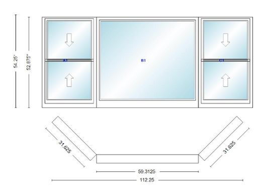 Andersen 400 Series Double Hung Bay Window 112 1/4" Wide Picture With Double Hung Flankers 45 Degree Angle Of Deflection Vinyl Exterior Wood Interior Low-E4 Dual Pane Argon Gas