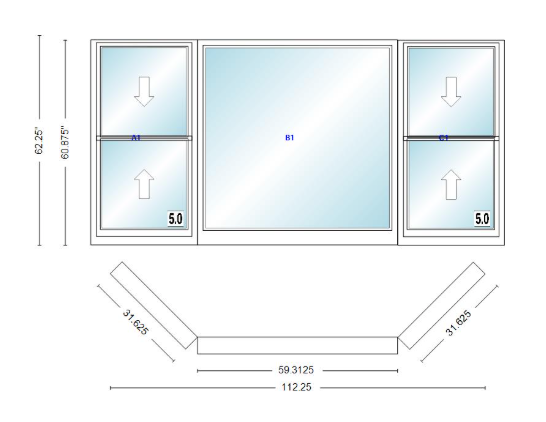 Andersen 400 Series Double Hung Bay Window 112 1/4" Wide Picture With Double Hung Flankers 45 Degree Angle Of Deflection Vinyl Exterior Wood Interior Low-E4 Dual Pane Argon Gas