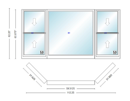 Andersen 400 Series Double Hung Bay Window 112 1/4" Wide Picture With Double Hung Flankers 45 Degree Angle Of Deflection Vinyl Exterior Wood Interior Low-E4 Dual Pane Argon Gas
