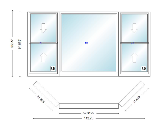 Andersen 400 Series Double Hung Bay Window 112 1/4" Wide Picture With Double Hung Flankers 45 Degree Angle Of Deflection Vinyl Exterior Wood Interior Low-E4 Dual Pane Argon Gas