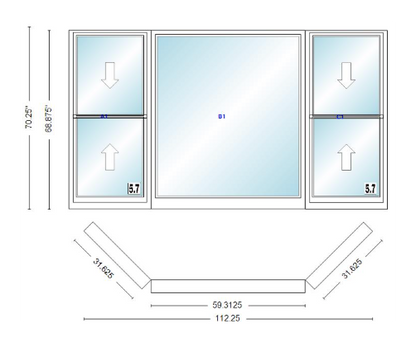 Andersen 400 Series Double Hung Bay Window 112 1/4" Wide Picture With Double Hung Flankers 45 Degree Angle Of Deflection Vinyl Exterior Wood Interior Low-E4 Dual Pane Argon Gas