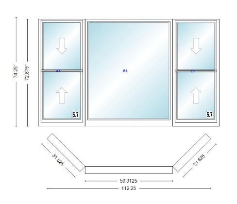 Andersen 400 Series Double Hung Bay Window 112 1/4" Wide Picture With Double Hung Flankers 45 Degree Angle Of Deflection Vinyl Exterior Wood Interior Low-E4 Dual Pane Argon Gas