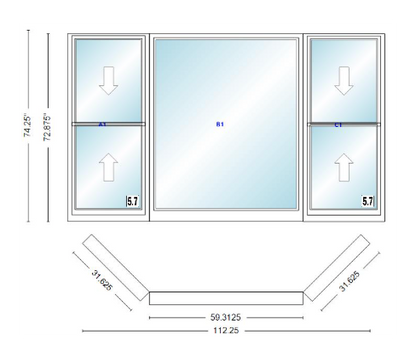 Andersen 400 Series Double Hung Bay Window 112 1/4" Wide Picture With Double Hung Flankers 45 Degree Angle Of Deflection Vinyl Exterior Wood Interior Low-E4 Dual Pane Argon Gas
