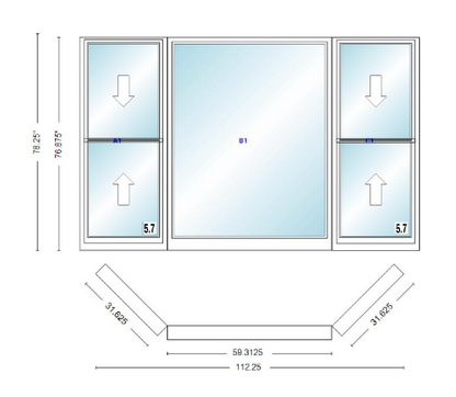 Andersen 400 Series Double Hung Bay Window 112 1/4" Wide Picture With Double Hung Flankers 45 Degree Angle Of Deflection Vinyl Exterior Wood Interior Low-E4 Dual Pane Argon Gas