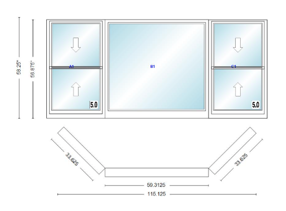 Andersen 400 Series Double Hung Bay Window 115 1/8" Wide Picture With Double Hung Flankers 45 Degree Angle Of Deflection Vinyl Exterior Wood Interior Low-E4 Dual Pane Argon Gas