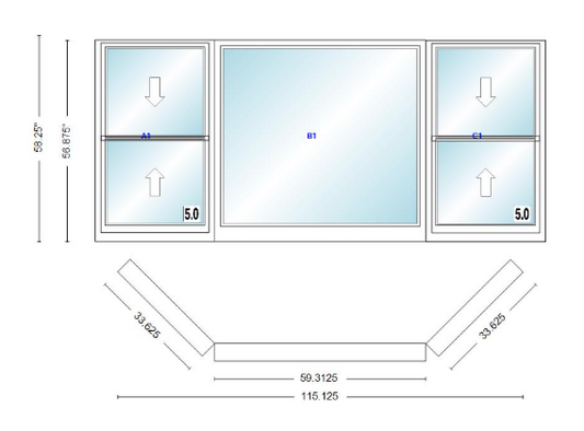 Andersen 400 Series Double Hung Bay Window 115 1/8" Wide Picture With Double Hung Flankers 45 Degree Angle Of Deflection Vinyl Exterior Wood Interior Low-E4 Dual Pane Argon Gas