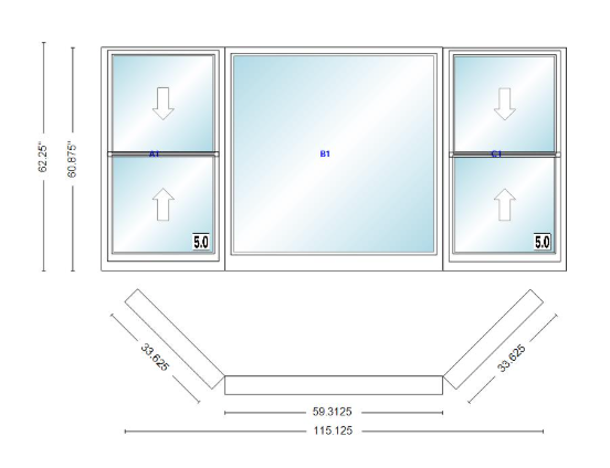 Andersen 400 Series Double Hung Bay Window 115 1/8" Wide Picture With Double Hung Flankers 45 Degree Angle Of Deflection Vinyl Exterior Wood Interior Low-E4 Dual Pane Argon Gas